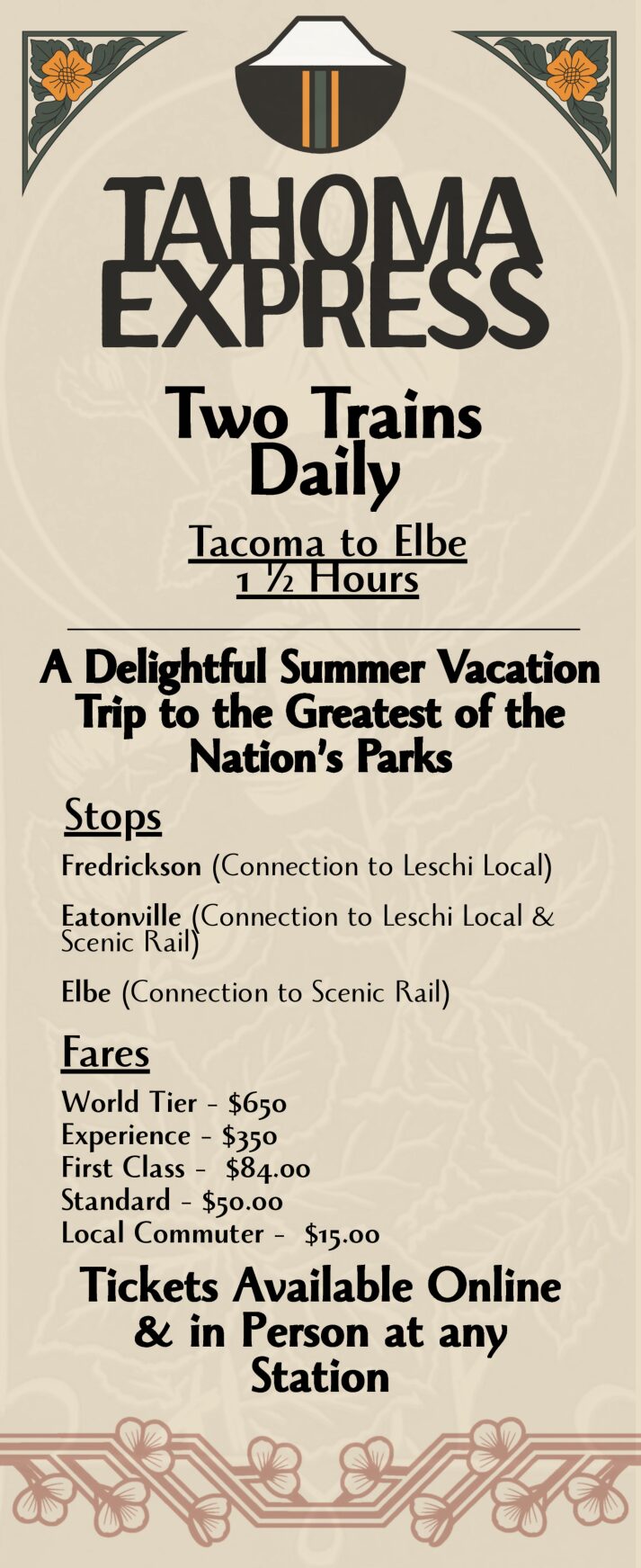 Tahoma Express schedule card, front