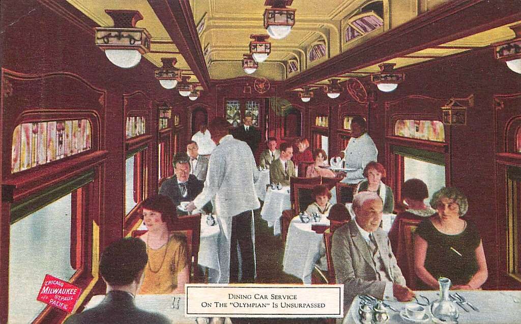 Original reference: vintage Olympian dining car postcard, Milwaukee Road