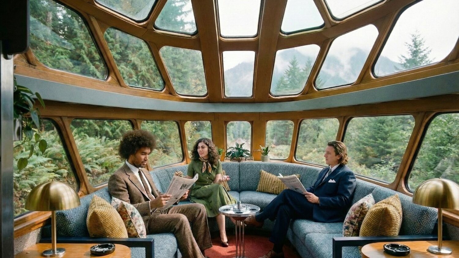 Rendered observation lounge with a domed glass roof and forest views