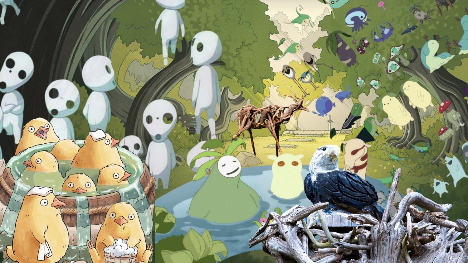 Spirit forest style reference board: kodama and spirit-world creatures